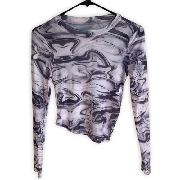 SHEIN Tops - Shein Women Sheer Long Sleeve Shirt Size Xs Pink Grey Swirl See Through Mesh